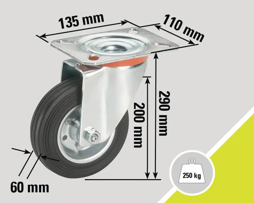 Roată pivotantă cu dimensiunile 135 mm x 110 mm pentru placa de montaj, înălțime totală de 290 mm și diametru roată de 60 mm, capacitate portantă de 250 kg