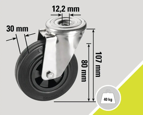Roată pivotantă cu dimensiunile de 107 mm înălțime, 80 mm înălțime furcă, 30 mm lățime anvelopă și 12,2 mm alezaj, capacitate de încărcare de 40 kg