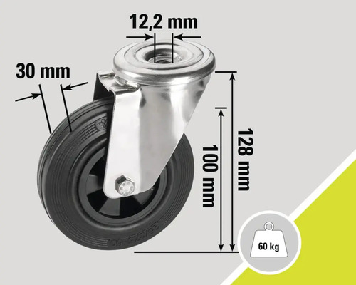 Roată pivotantă cu dimensiunile 12,2 mm, 30 mm, 100 mm, 128 mm și o capacitate de încărcare de 60 kg