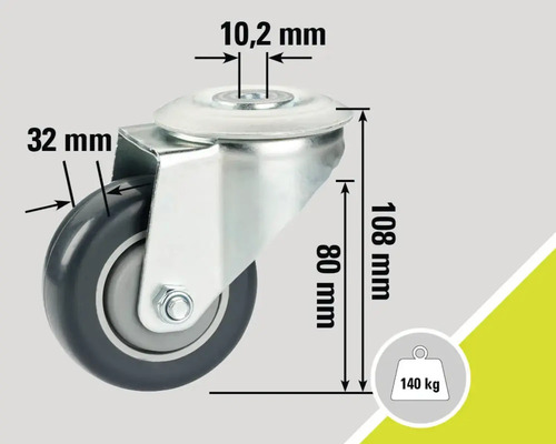 Roată pivotantă cu dimensiunile de 10,2 mm, 32 mm, 80 mm, 108 mm și o capacitate de încărcare de 140 kg.