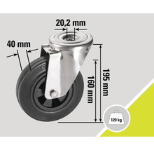 Roată pivotantă cu dimensiunile 40 milimetri, 20,2 milimetri, 160 milimetri și 195 milimetri, capacitate portantă 120 kilograme