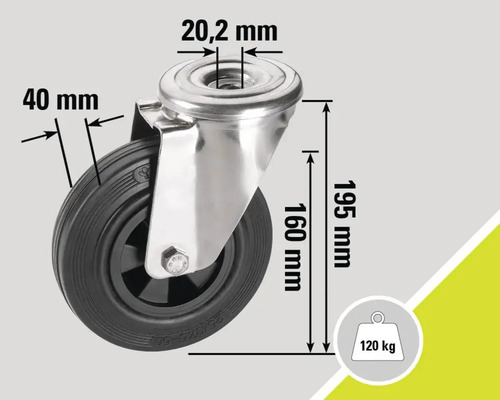 Roată pivotantă cu dimensiunile 40 milimetri, 20,2 milimetri, 160 milimetri și 195 milimetri, capacitate portantă 120 kilograme