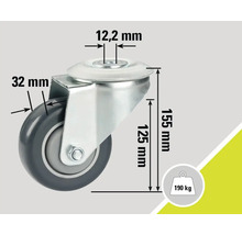 Rotiță pivotantă cu dimensiunile 12,2 mm, 32 mm, 125 mm și 155 mm, capacitate portantă 190 kg