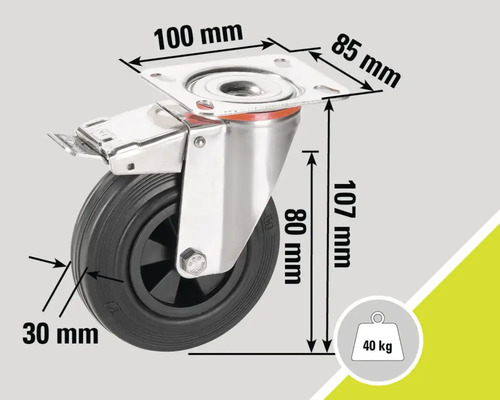 Rotiță pivotantă cu frână și indicații dimensionale