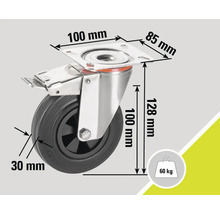 Roată pivotantă cu frână și dimensiunile 100 x 85 x 128 milimetri, capacitate portantă 60 kilograme