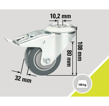 Rotiță pivotantă cu blocare și detalii de dimensiune.