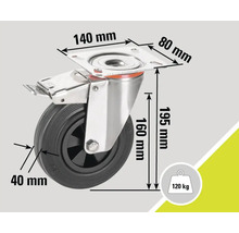 Rotiță pivotantă cu frână, dimensiuni 140 x 80 mm, diametrul roții 40 mm și capacitate portantă 120 kg