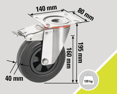 Rotiță pivotantă cu frână, dimensiuni 140 x 80 mm, diametrul roții 40 mm și capacitate portantă 120 kg