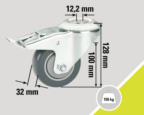 Roată pivotantă cu frână și detalii dimensionale