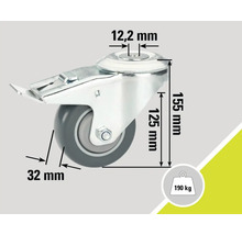 Roată pivotantă cu frână și indicații de dimensiuni: 12,2 mm, 32 mm, 125 mm, 155 mm, capacitate portantă 190 kg