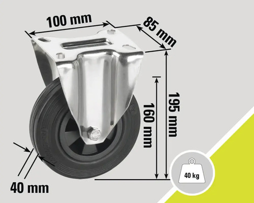 Rola cu frână și dimensiunile 100 mm, 85 mm, 40 mm, 160 mm și 195 mm, capacitate portantă 40 kg