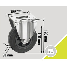 Roată pivotantă cu dimensiunile de 100 mm pe 100 mm și o capacitate portantă de 60 kg
