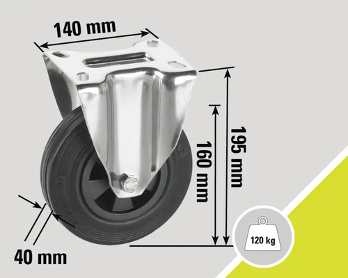 Roată pivotantă cu dimensiunile de 140 mm x 40 mm x 195 mm și o capacitate portantă de 120 kilograme.