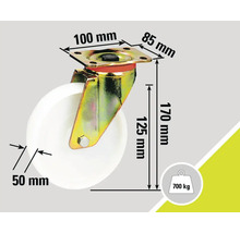 Roată pivotantă cu dimensiunile 170 mm înălțime, 50 mm diametrul roții, placă de montaj de 100 x 85 mm și o capacitate portantă de 700 kg