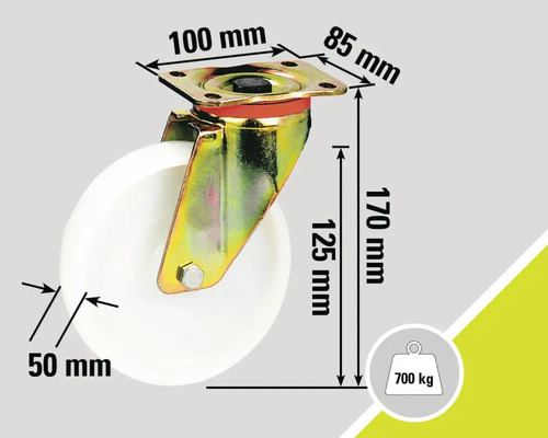 Roată pivotantă cu dimensiunile 170 mm înălțime, 50 mm diametrul roții, placă de montaj de 100 x 85 mm și o capacitate portantă de 700 kg