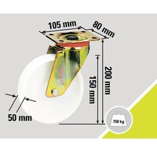 Roată pivotantă cu dimensiunile de 105 mm pe 80 mm, o înălțime de 200 mm, un diametru al roții de 50 mm și o capacitate de încărcare de 750 kg