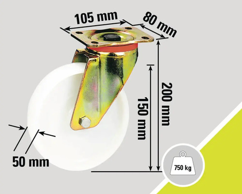 Roată pivotantă cu dimensiunile de 105 mm pe 80 mm, o înălțime de 200 mm, un diametru al roții de 50 mm și o capacitate de încărcare de 750 kg