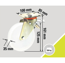 Rotiță pivotantă cu frână, dimensiuni și capacitate portantă 350 kg.