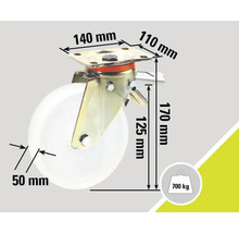 Rată cu placă rotativă și funcție de frânare cu dimensiunile 140 mm x 110 mm, diametrul roții de 50 mm și capacitate de încărcare de până la 700 kg.
