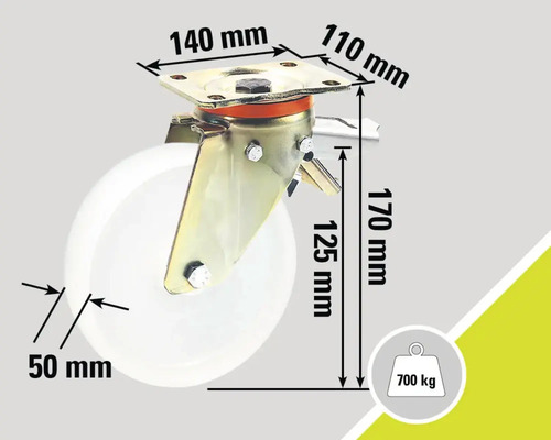 Rată cu placă rotativă și funcție de frânare cu dimensiunile 140 mm x 110 mm, diametrul roții de 50 mm și capacitate de încărcare de până la 700 kg.