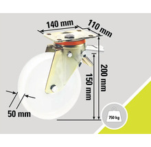 Rotiță pivotantă cu frână și dimensiunile 140 mm, 110 mm, 200 mm, 150 mm și 50 mm, capacitate portantă 750 kg