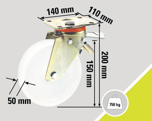 Rotiță pivotantă cu frână și dimensiunile 140 mm, 110 mm, 200 mm, 150 mm și 50 mm, capacitate portantă 750 kg