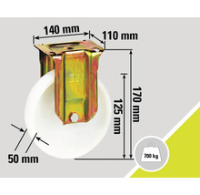 Roată cu dimensiunile de 140 mm pe 110 mm, cu o înălțime de construcție de 170 mm și o sarcină pe roată de 700 kilograme