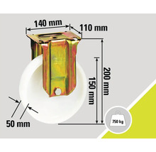 Suport rolă cu dimensiuni: 140 mm, 110 mm, 200 mm, 150 mm și diametrul rolei 50 mm, capacitate portantă 750 kg