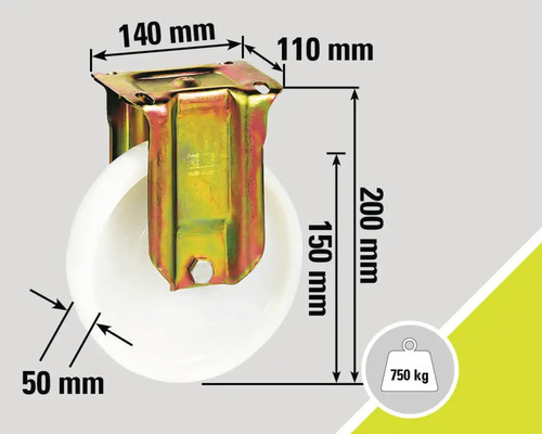 Suport rolă cu dimensiuni: 140 mm, 110 mm, 200 mm, 150 mm și diametrul rolei 50 mm, capacitate portantă 750 kg