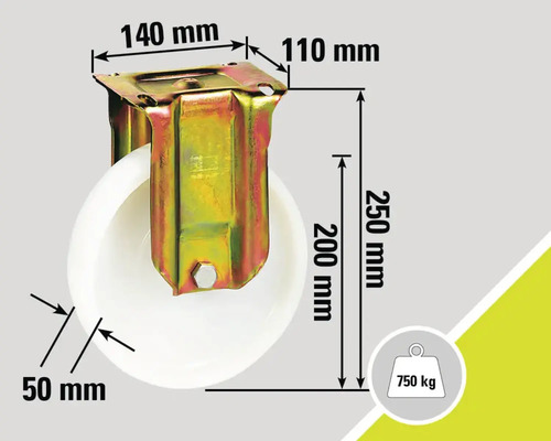 Dimensiuni roată pivotantă: 140 mm x 110 mm, diametrul roții 200 mm, înălțime de construcție 250 mm, lățime roată 50 mm, capacitate portantă 750 kg