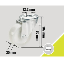 Detalii rolă cu dimensiuni: 12,2 mm, 107 mm, 80 mm, 30 mm, sarcină maximă 150 kg.