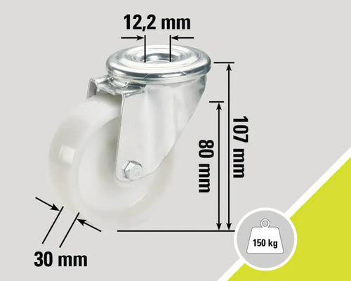 Detalii rolă cu dimensiuni: 12,2 mm, 107 mm, 80 mm, 30 mm, sarcină maximă 150 kg.