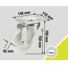 Roată pivotantă cu dimensiunile de 140 mm x 110 mm, o înălțime de 190 mm, o înălțime de montare de 150 mm, o lățime a roții de 42 mm și o capacitate portantă de 300 kg
