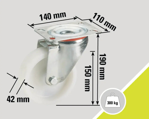 Roată pivotantă cu dimensiunile de 140 mm x 110 mm, o înălțime de 190 mm, o înălțime de montare de 150 mm, o lățime a roții de 42 mm și o capacitate portantă de 300 kg