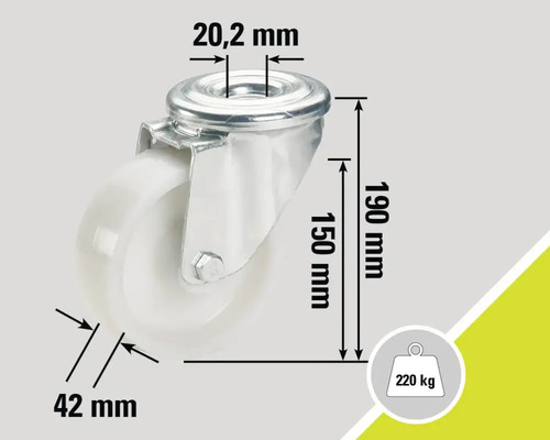 Rotiță pivotantă cu dimensiunile 20,2 mm, 150 mm, 190 mm și 42 mm, capacitate portantă 220 kg