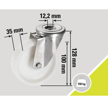 Rotiță pivotantă cu dimensiunile 12,2 mm, 35 mm, 100 mm și 128 mm, capacitate portantă de până la 150 kg