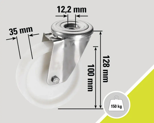 Rotiță pivotantă cu dimensiunile 12,2 mm, 35 mm, 100 mm și 128 mm, capacitate portantă de până la 150 kg