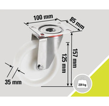 Rola cu indicațiile de dimensiuni: 100 mm, 85 mm, 157 mm, 125 mm și 35 mm. Sarcină maximă 220 kg.