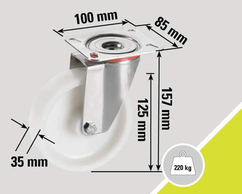 Rola cu indicațiile de dimensiuni: 100 mm, 85 mm, 157 mm, 125 mm și 35 mm. Sarcină maximă 220 kg.