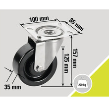 Roată pivotantă cu dimensiunile 100 mm x 85 mm, înălțime 157 mm, înălțime suport 125 mm, grosime roată 35 mm și capacitate portantă de 200 kg