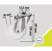 Roată pivotantă cu dimensiunile 157 mm înălțime, 125 mm diametru roată, 35 mm lățime roată, 12,2 mm alezaj și 220 kg capacitate portantă