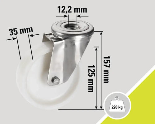Roată pivotantă cu dimensiunile 157 mm înălțime, 125 mm diametru roată, 35 mm lățime roată, 12,2 mm alezaj și 220 kg capacitate portantă