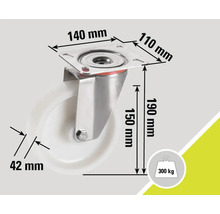 Roată cu dimensiunile 140 mm x 110 mm, înălțime 190 mm, grosime roată 42 mm, capacitate portantă 300 kg