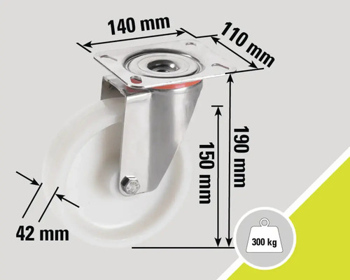 Roată cu dimensiunile 140 mm x 110 mm, înălțime 190 mm, grosime roată 42 mm, capacitate portantă 300 kg