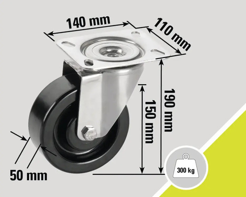 Roată pivotantă cu frână și indicații dimensionale: placă de montaj de 140 mm x 110 mm, diametrul roții de 50 mm, înălțime totală de 190 mm, capacitate portantă de 300 kg