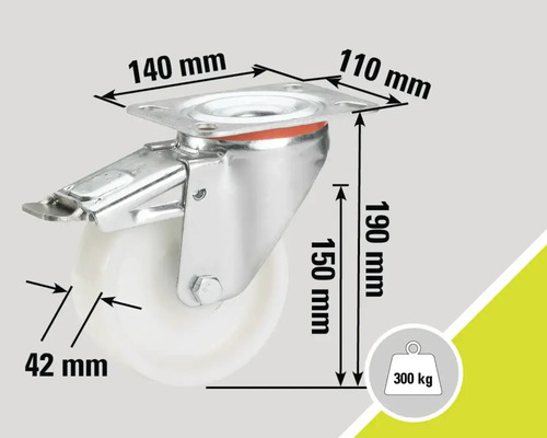 Roată pivotantă cu frână și dimensiuni: 140 mm, 110 mm, 190 mm, 150 mm, 42 mm, capacitate portantă 300 kg