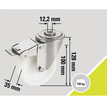 Roată pivotantă cu frână și indicații de dimensiune: șurub de 12,2 mm, înălțime de 100 mm, înălțime totală de 128 mm, lățime roată de 35 mm, capacitate portantă de 150 kg
