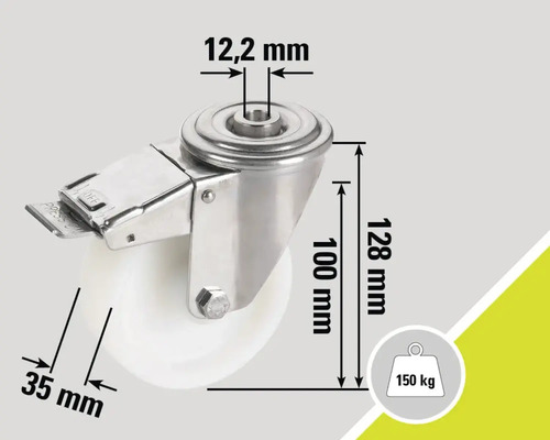 Roată pivotantă cu frână și indicații de dimensiune: șurub de 12,2 mm, înălțime de 100 mm, înălțime totală de 128 mm, lățime roată de 35 mm, capacitate portantă de 150 kg
