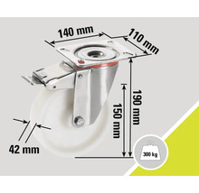 Rotiță pivotantă cu frână și dimensiunile 140 mm x 110 mm, 190 mm înălțime, diametrul roții 42 mm și capacitate portantă de până la 300 kg.