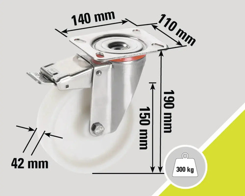 Rotiță pivotantă cu frână și dimensiunile 140 mm x 110 mm, 190 mm înălțime, diametrul roții 42 mm și capacitate portantă de până la 300 kg.